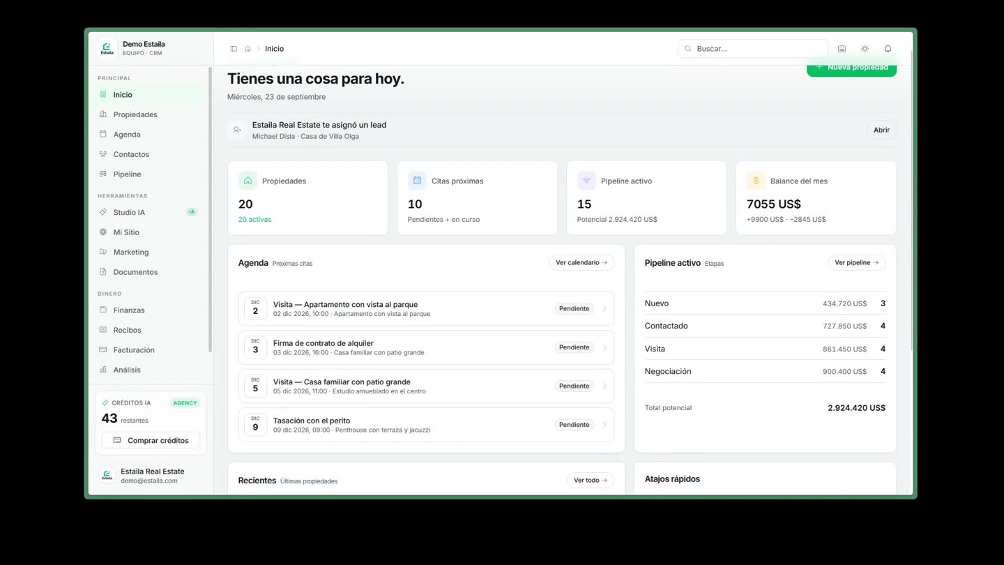 A tour of the estaila CRM: home, calendar, contacts and pipeline