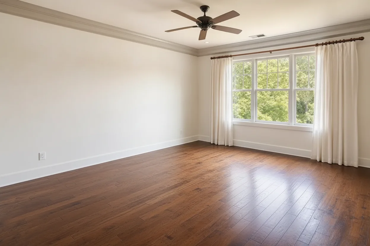Sala vacía con suelo de madera y ventanal, sin muebles